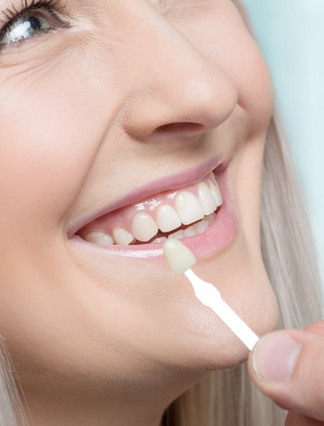 Woman's smile compared with porcelain veneers shade option