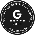 Badge that says Top Rated Dentist on Google 200 Plus 5 Star Reviews