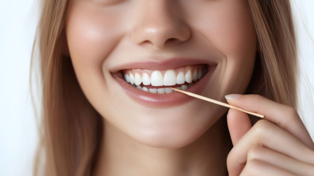 Nose-to-neck view of woman holding toothpick to teeth